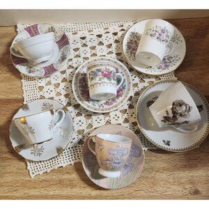 Mismatched Demitasse Cups & Saucers Espresso Porcelain China Tea Party 6 Sets Ec